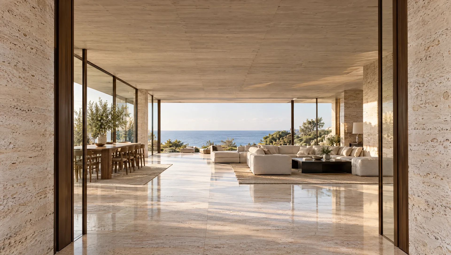 Low linen seating, long views, afternoon light.